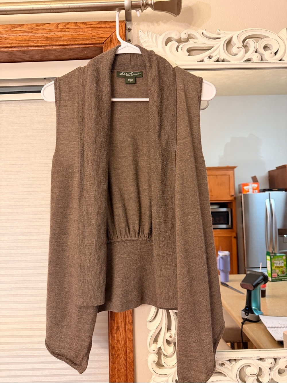 Eddie Bauer Taupe Open-Front Sleeveless Cardigan Vest 100% Wool